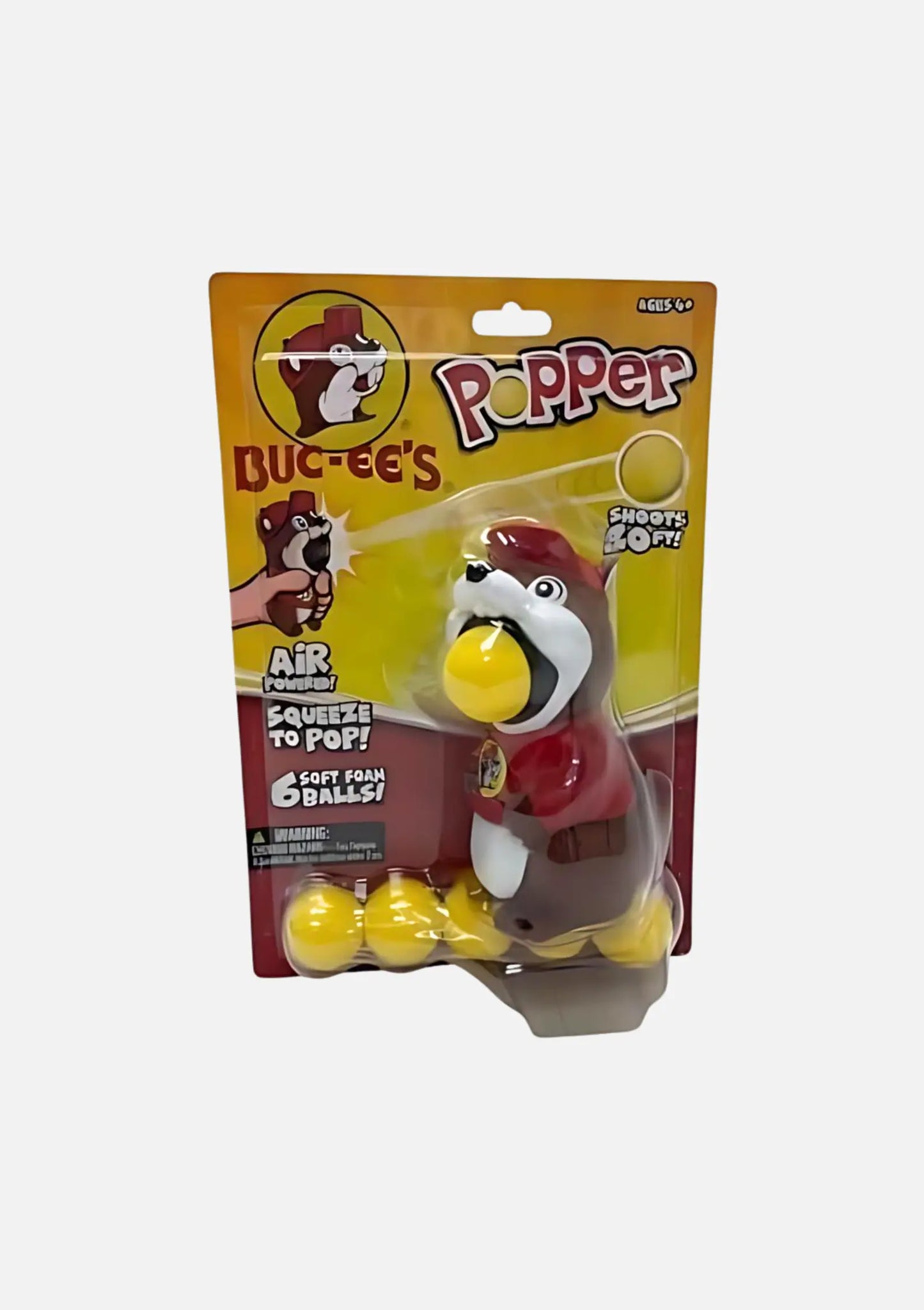 Buc-ee's Squeeze to Pop! Beaver Poppers with 6 yellow soft foam balls