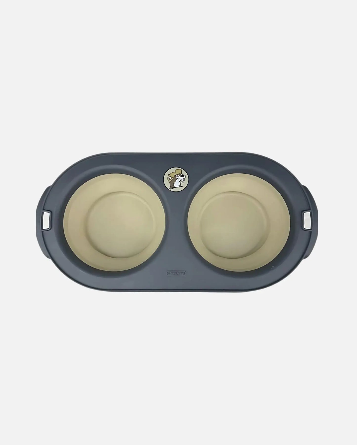 Buc-ee's Beige and Black Collapsible Pet Bowl Double Food & Water Bowl top view