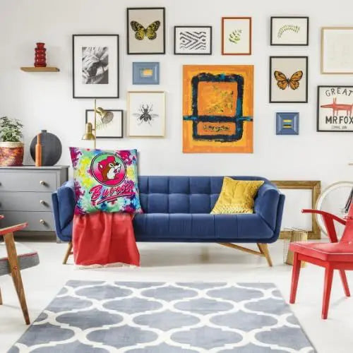 Buc-ee's Multicolored Tie-Dye Pillow in living room