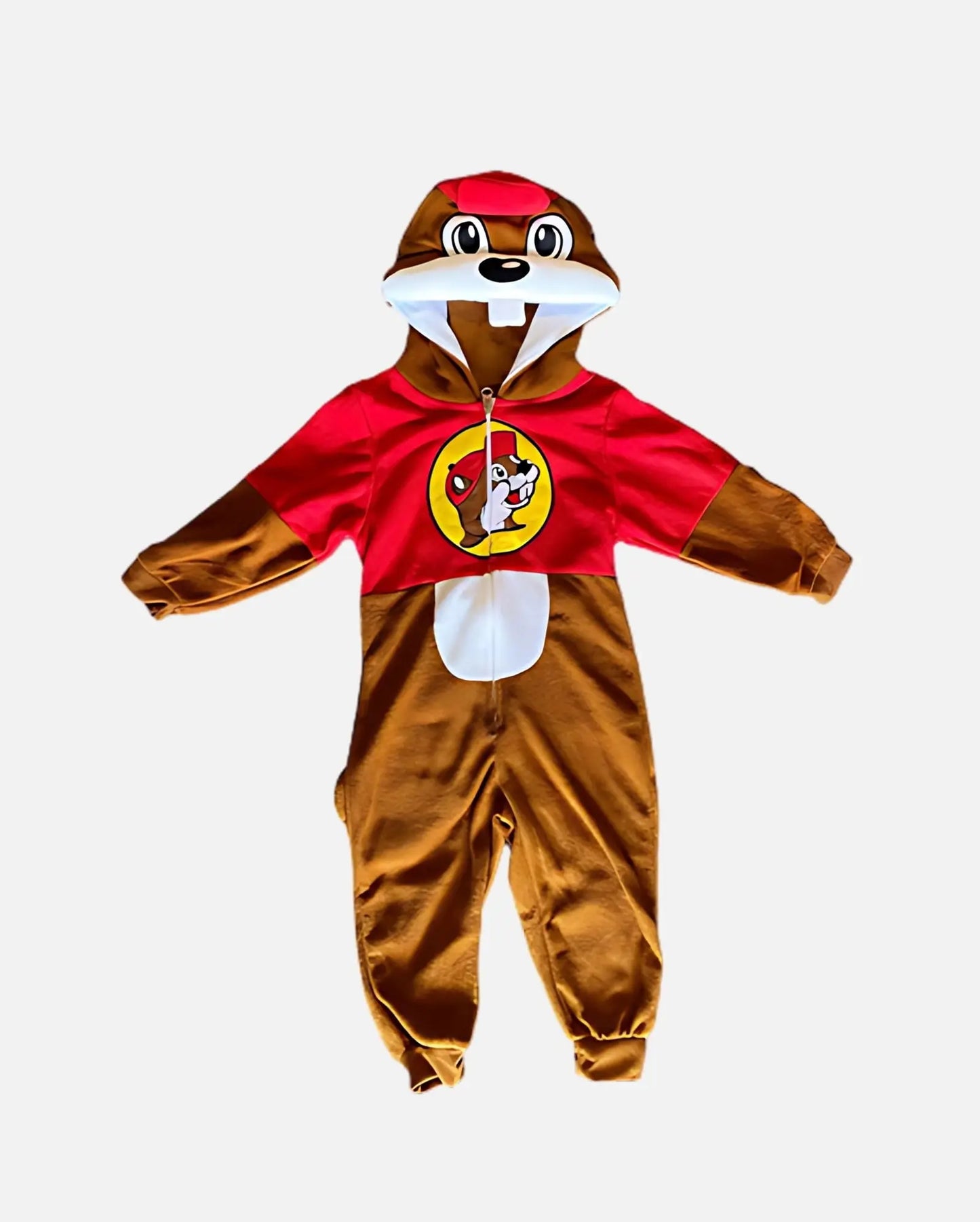 Buc-ee's Onesie Beaver costume, brown and red colors
