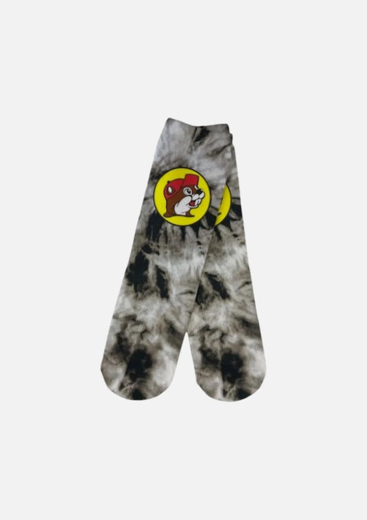 Buc-ee's Pair of Black Tie Dye Crew Socks, beaver logo
