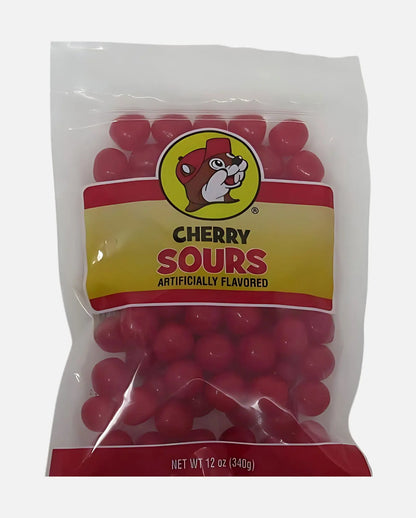 Buc-ee's Cherry Sours, artificially flavored 12oz resealable bag