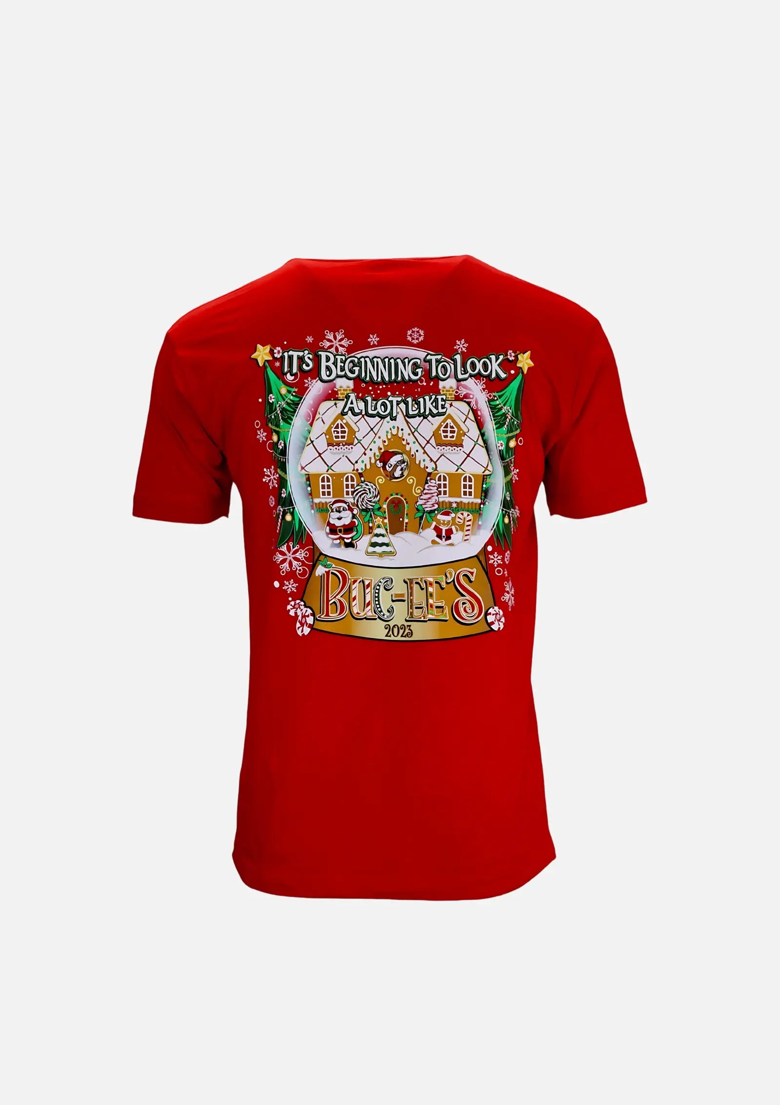 Back of Buc-ee's Red Shirt with text "It's Beginning To Look A Lot Like Buc-ee's 2023" Christmas theme and design