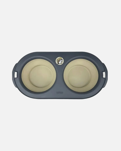 Buc-ee's Beige and Black Collapsible Pet Bowl Double Food & Water Bowl top view