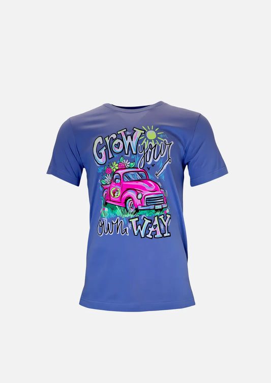 Buc-ee's Blue Shirt with text "Grow Your Own Way" flowers and car design