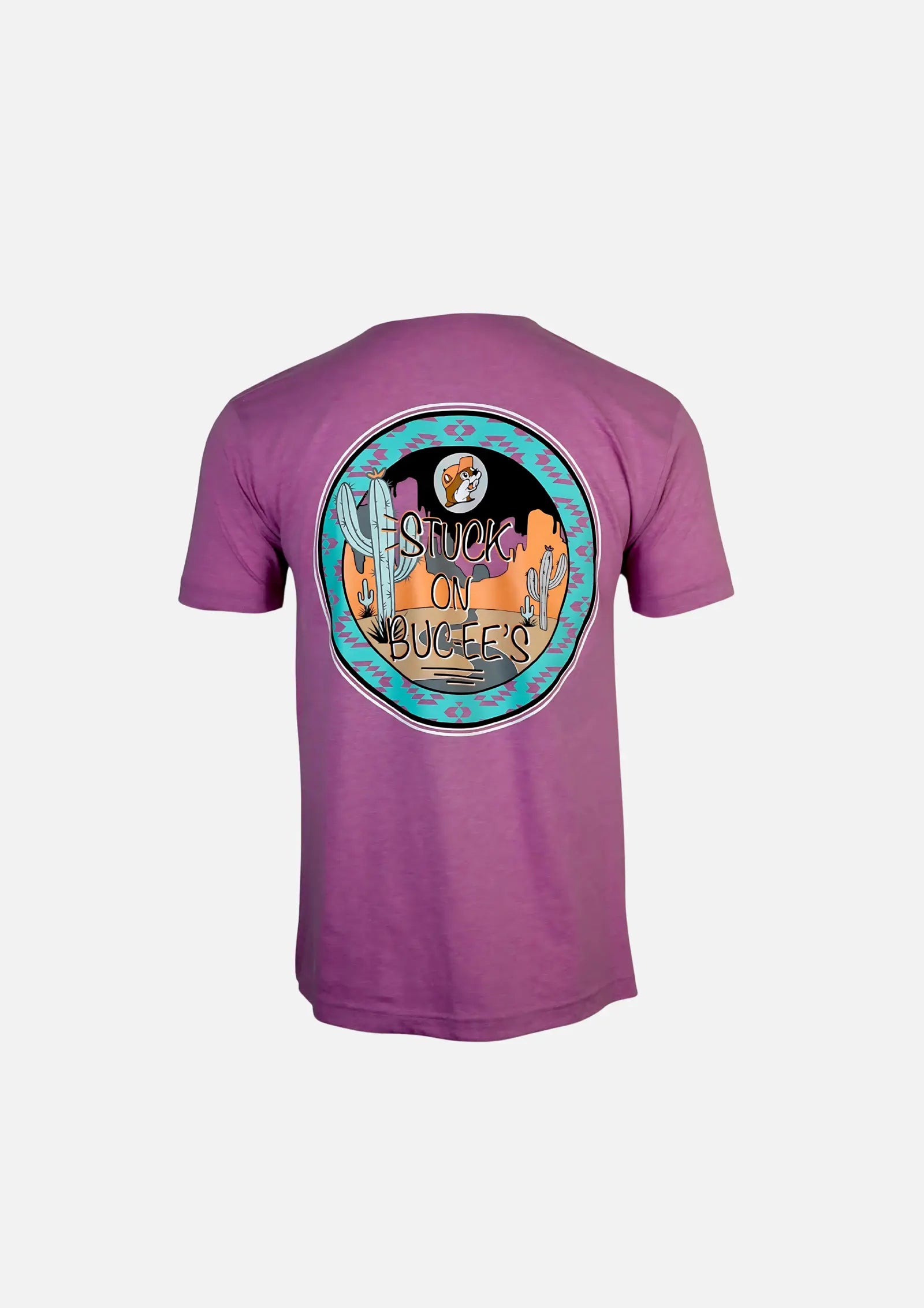 Buc-ee's Mauve Shirt with text "Stuck On Buc-ee's" desert design with beaver logo