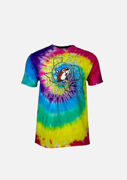 Buc-ee's Multicolored Tie Dye Shirt with multiple text "Texas", beaver logo on Texas