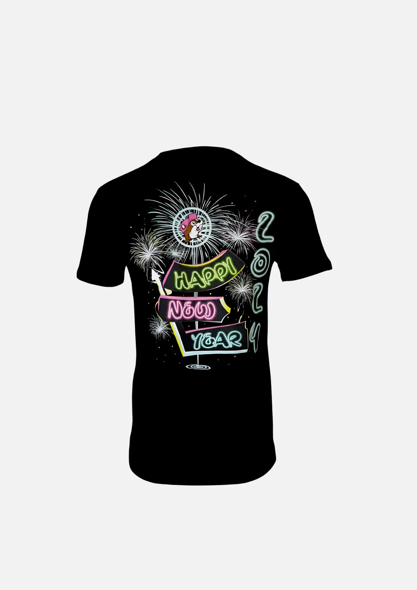 Buc-ee's Black Glow in The Dark Shirt with text "Happy New Year 2024" fireworks design