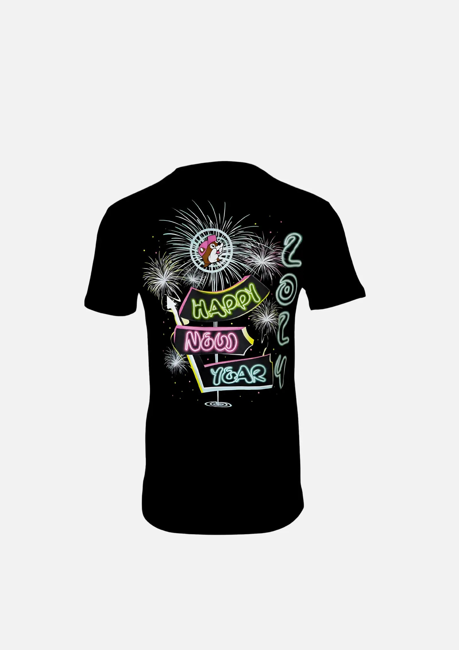 Buc-ee's Black Glow in The Dark Shirt with text "Happy New Year 2024" fireworks design