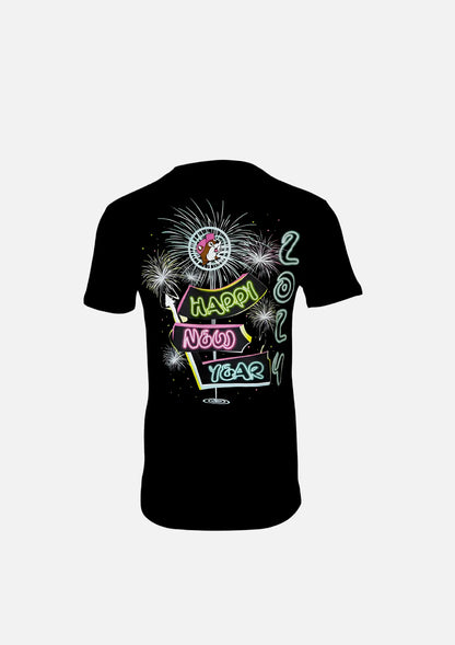 Buc-ee's Black Glow in The Dark Shirt with text "Happy New Year 2024" fireworks design