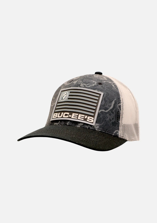 Buc-ee's No Quarter Snapback Black and White Trucker Hat