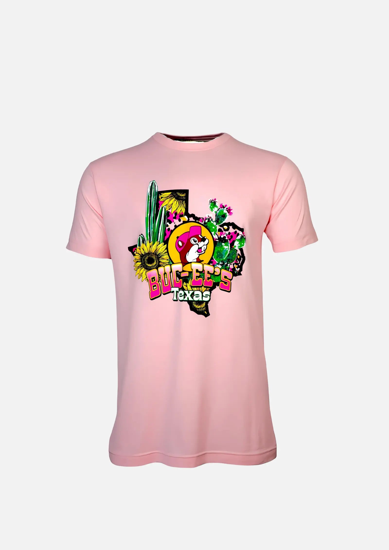 Buc-ee's Pink Shirt with text "Buc-ee's Texas" beaver logo on cactus and sunflower design