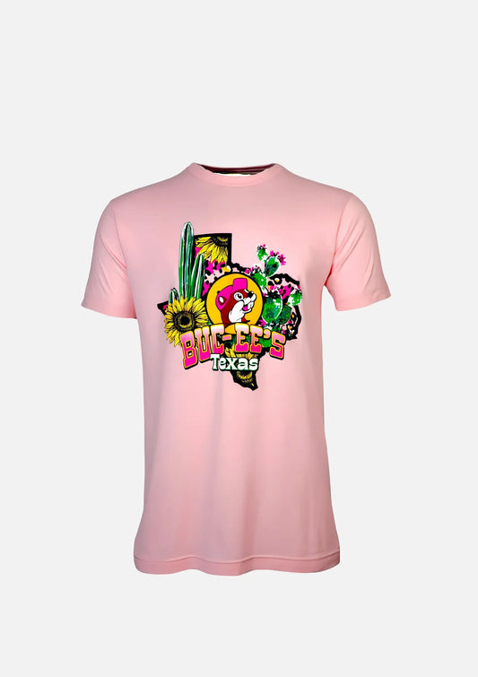 Buc-ee's Pink Shirt with text "Buc-ee's Texas" beaver logo on cactus and sunflower design
