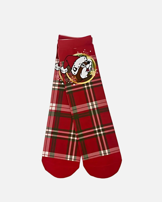 Buc-ee's Pair of Plaid Christmas Crew Socks, beaver wearing Santa hat logo