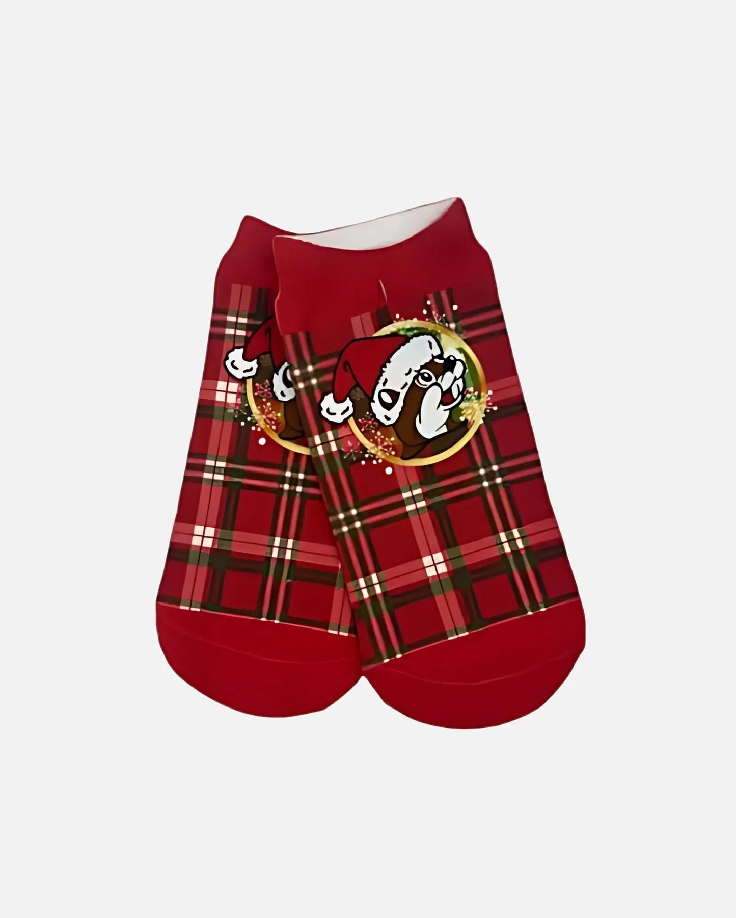 Buc-ee's Pair of Plaid Christmas No-show Socks, beaver wearing Santa hat logo