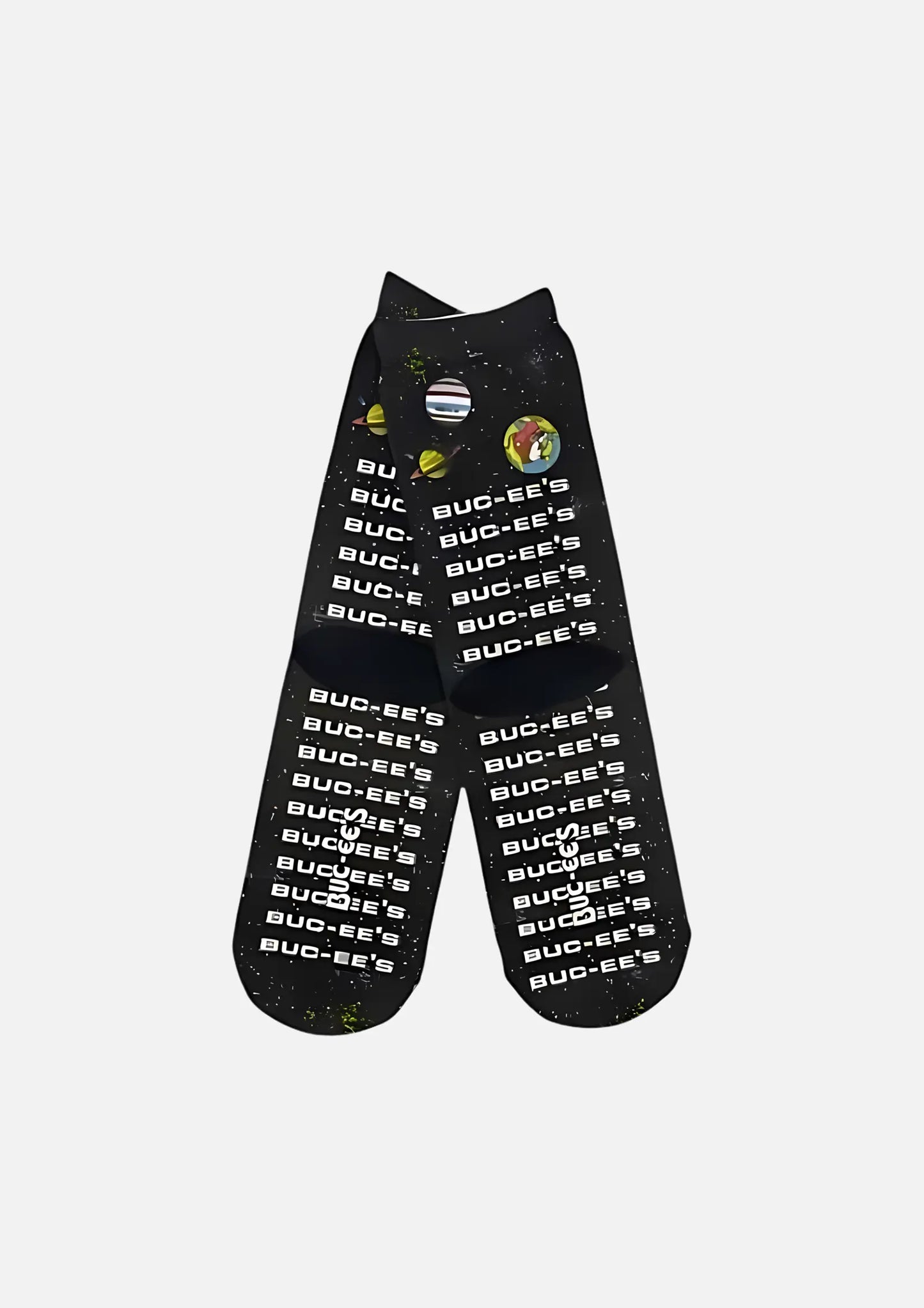 Buc-ee's Pair of Black Crew Socks Space theme with grippers