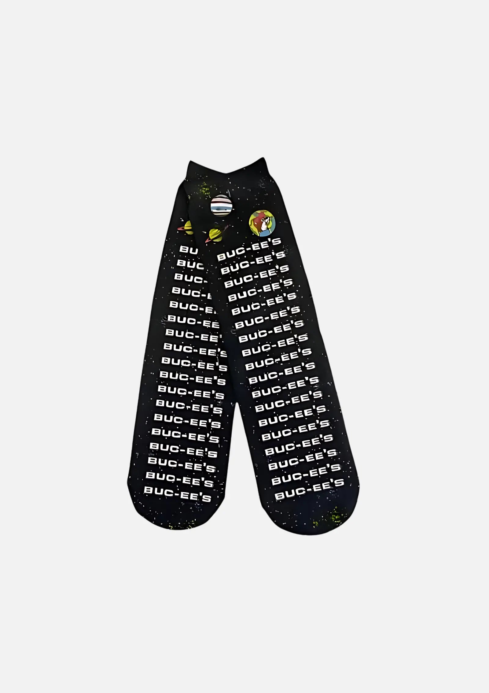 Buc-ee's Pair of Black Crew Socks Space themed with multiple text "BUC-EE'S" design
