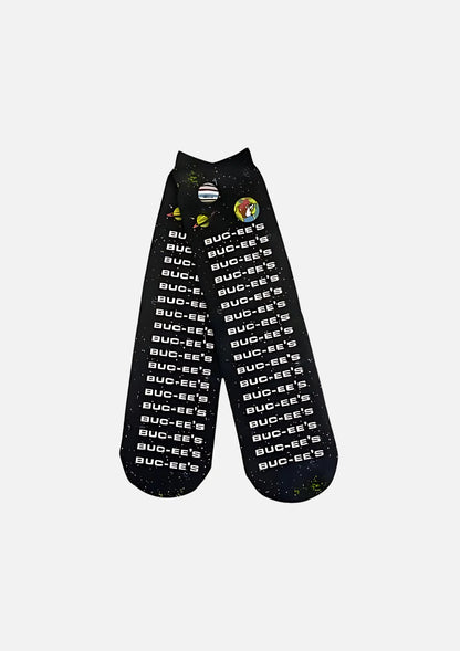 Buc-ee's Pair of Black Crew Socks Space themed with multiple text "BUC-EE'S" design