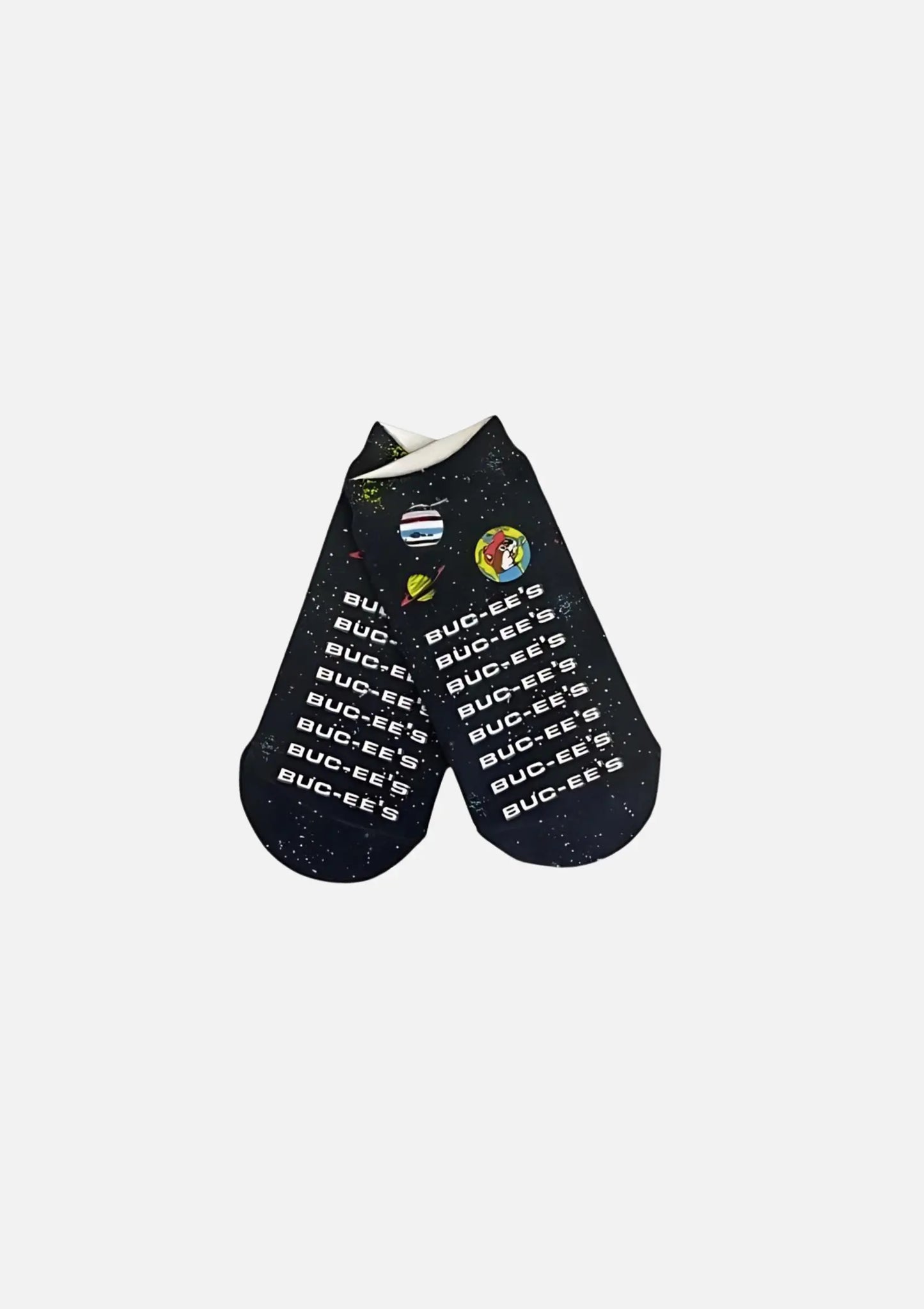 Buc-ee's Pair of Black No-show Socks Space themed with multiple text "BUC-EE'S" design