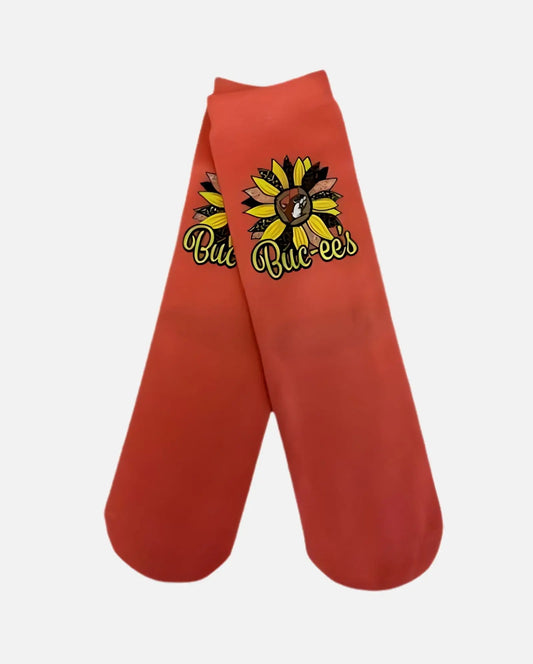 Buc-ee's Pair of Orange Sunflower Crew Socks, beaver on sunflower design