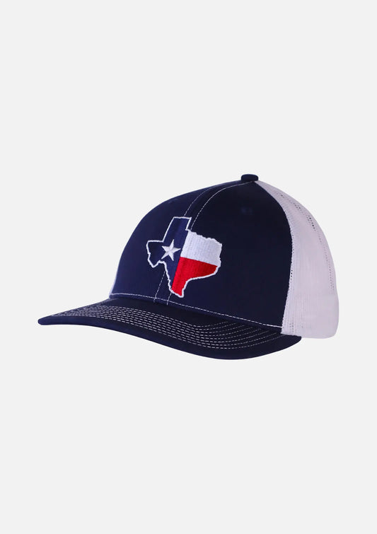Buc-ee's Blue and White Snapback Trucker Hat, embroidered Texas State design