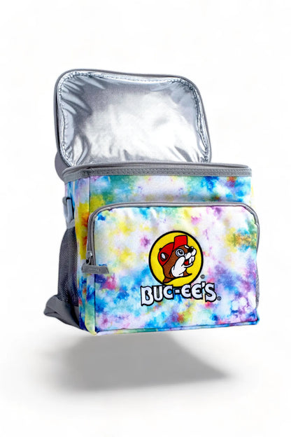 Buc-ee's Tie Dye Lunch Box Cooler 12.5"L x 7.5"W x 9"W 8 Can zippers opened