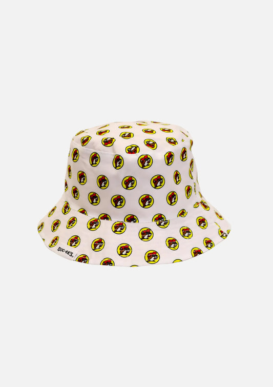 Buc-ee's White Bucket Hat, multiple beaver logo with yellow background design