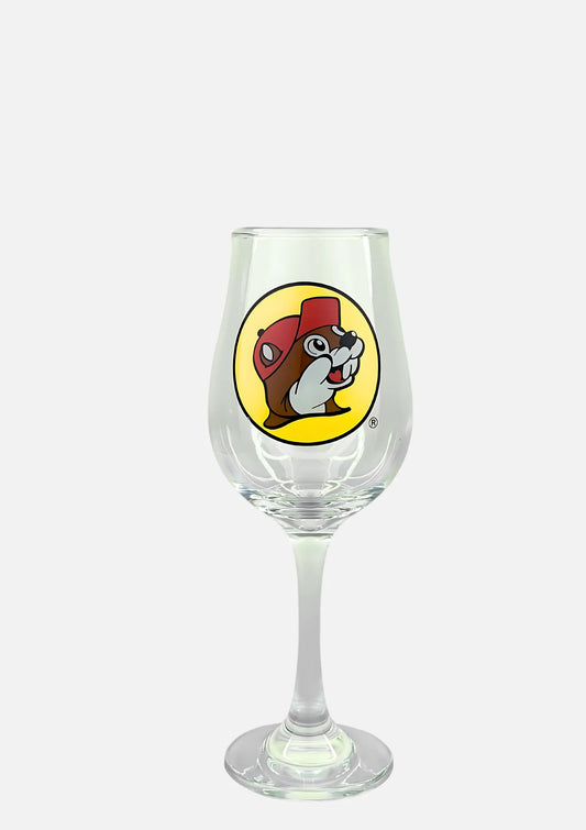 Buc-ee's Wine Glass, clear glass with stem, signature beaver logo