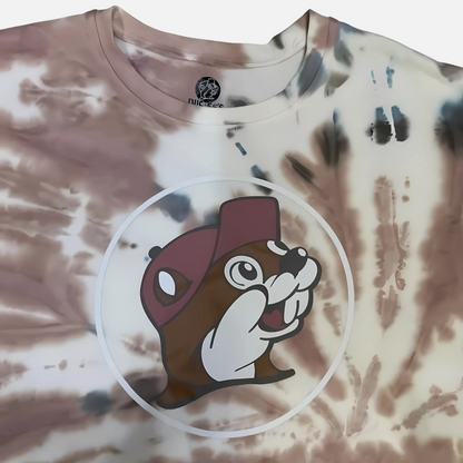 Buc-ee's Fleece Brown-Blue Tie Dye Sweater close up