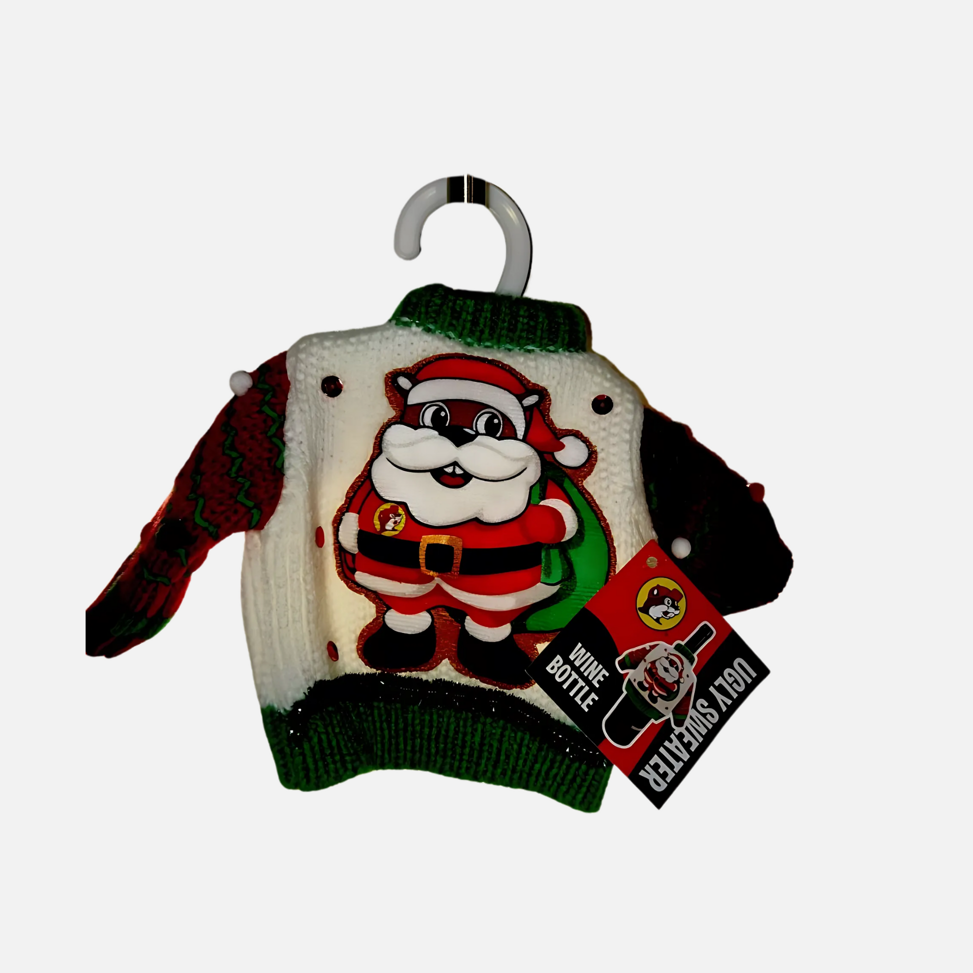 Buc-ee's Ugly Sweater Wine Bottle Decor with tag